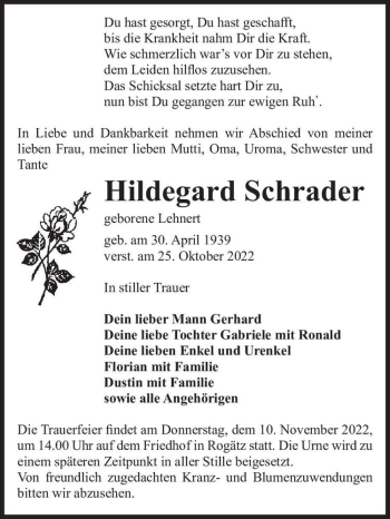 Traueranzeige von Hildegard Schrader (geb. Lehnert)  von Magdeburger Volksstimme