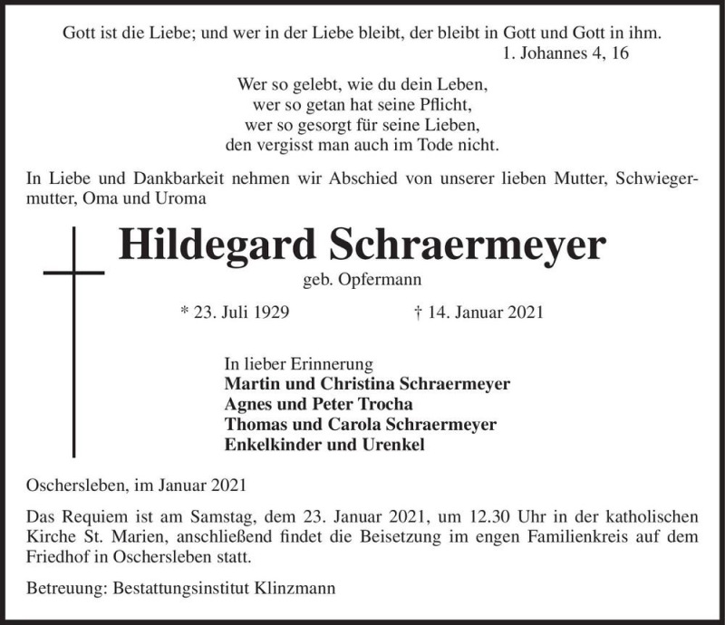  Traueranzeige für Hildegard Schraermeyer (geb. Opfermann)  vom 20.01.2021 aus Magdeburger Volksstimme