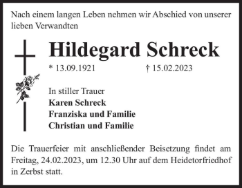 Traueranzeige von Hildegard Schreck  von Magdeburger Volksstimme