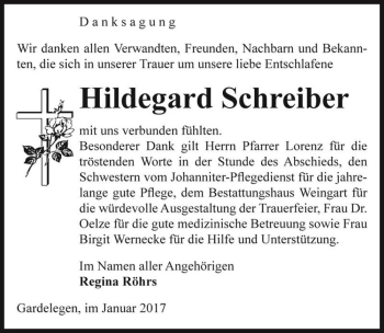 Traueranzeige von Hildegard Schreiber  von Magdeburger Volksstimme
