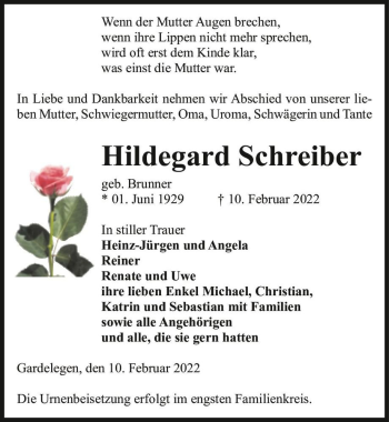 Traueranzeige von Hildegard Schreiber (geb. Brunner)  von Magdeburger Volksstimme