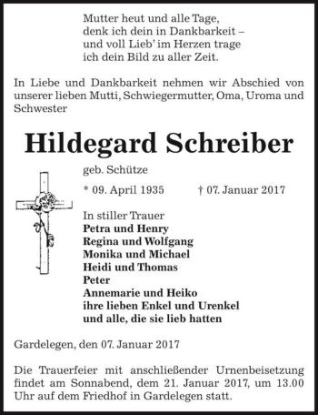 Traueranzeige von Hildegard Schreiber (geb. Schütze)  von Magdeburger Volksstimme