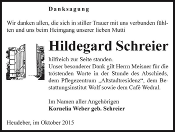 Traueranzeige von Hildegard Schreier  von Magdeburger Volksstimme