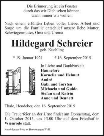 Traueranzeige von Hildegard Schreier (geb. Kuchling)  von Magdeburger Volksstimme