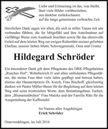 Traueranzeige von Hildegard Schröder  von Magdeburger Volksstimme