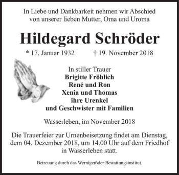 Traueranzeige von Hildegard Schröder  von Magdeburger Volksstimme