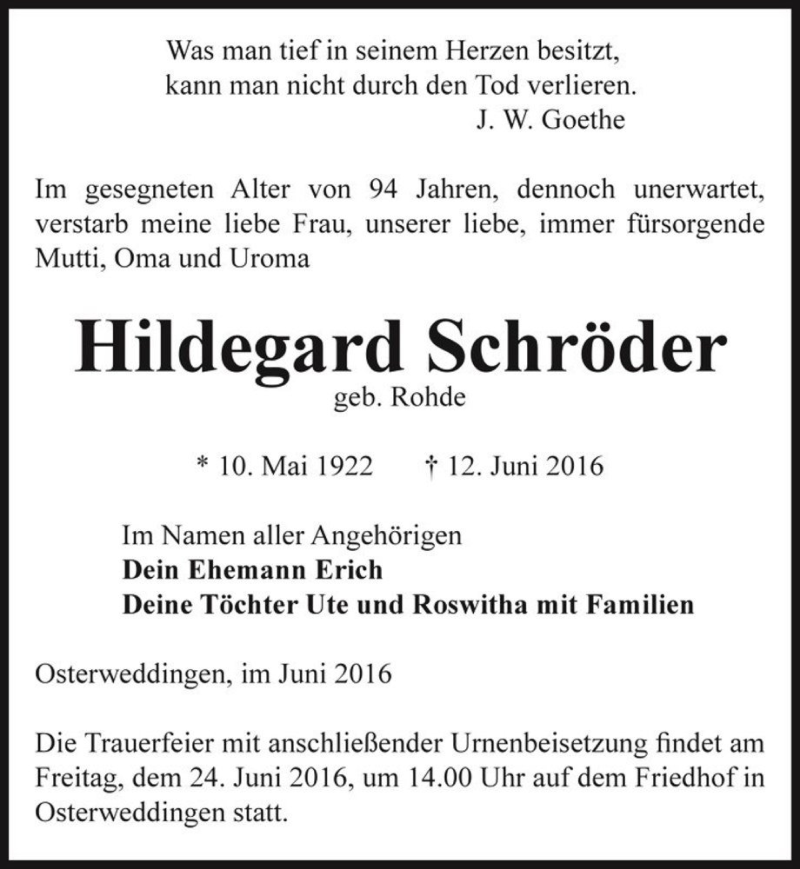  Traueranzeige für Hildegard Schröder (geb. Rohde)  vom 18.06.2016 aus Magdeburger Volksstimme