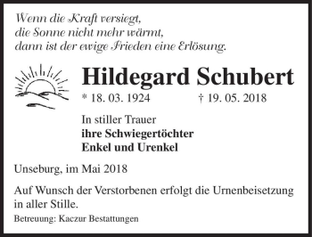 Traueranzeige von Hildegard Schubert  von Magdeburger Volksstimme