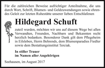 Traueranzeige von Hildegard Schuft  von Magdeburger Volksstimme