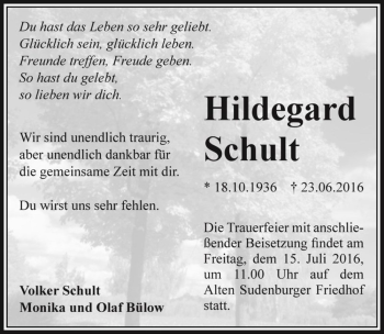 Traueranzeige von Hildegard Schult  von Magdeburger Volksstimme