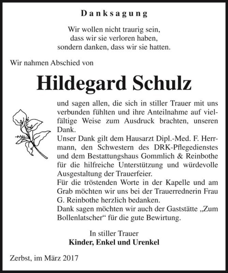  Traueranzeige für Hildegard Schulz  vom 25.03.2017 aus Magdeburger Volksstimme