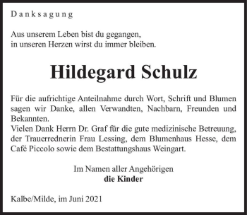 Traueranzeige von Hildegard Schulz  von Magdeburger Volksstimme