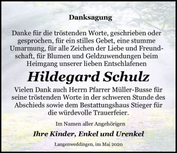 Traueranzeige von Hildegard Schulz  von Magdeburger Volksstimme