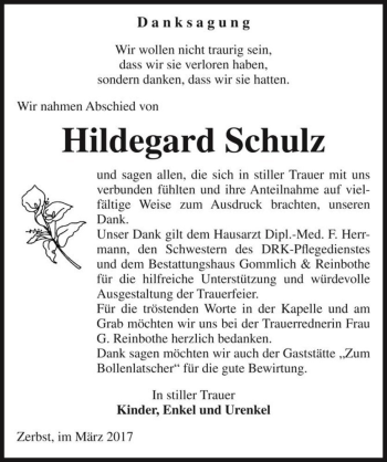 Traueranzeige von Hildegard Schulz  von Magdeburger Volksstimme