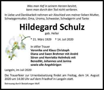 Traueranzeige von Hildegard Schulz (geb. Heller)  von Magdeburger Volksstimme