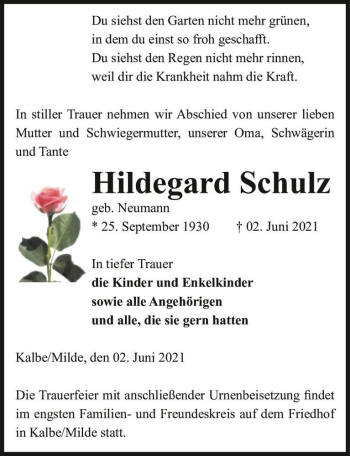 Traueranzeige von Hildegard Schulz (geb. Neumann)  von Magdeburger Volksstimme