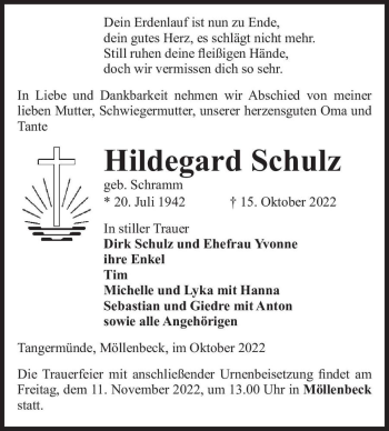 Traueranzeige von Hildegard Schulz (geb. Schramm)  von Magdeburger Volksstimme