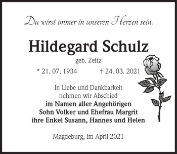 Traueranzeige von Hildegard Schulz (geb. Zeitz)  von Magdeburger Volksstimme