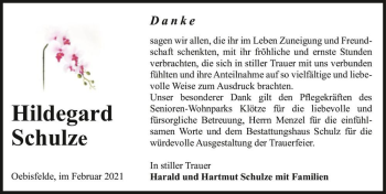 Traueranzeige von Hildegard Schulze  von Magdeburger Volksstimme