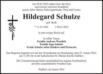 Traueranzeige von Hildegard Schulze (geb. Bode)  von Magdeburger Volksstimme