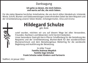 Traueranzeige von Hildegard Schulze (geb. Bode)  von Magdeburger Volksstimme