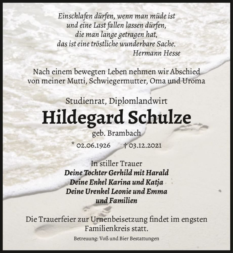  Traueranzeige für Hildegard Schulze (geb. Brambach)  vom 11.12.2021 aus Magdeburger Volksstimme