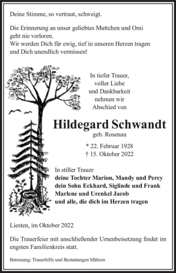 Traueranzeige von Hildegard Schwandt (geb. Rosenau)  von Magdeburger Volksstimme
