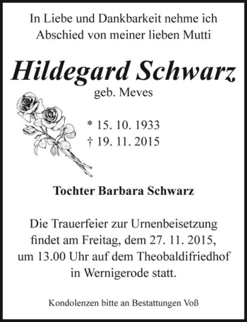 Traueranzeige von Hildegard Schwarz (geb. Meves)  von Magdeburger Volksstimme