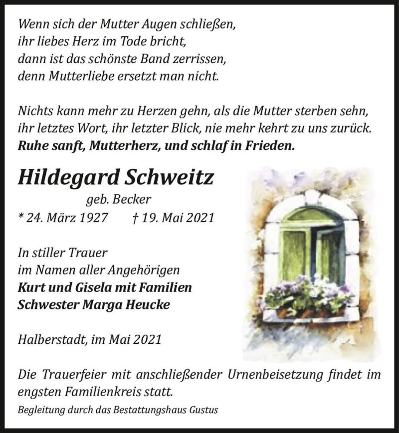  Traueranzeige für Hildegard Schweitz (geb. Becker)  vom 22.05.2021 aus Magdeburger Volksstimme