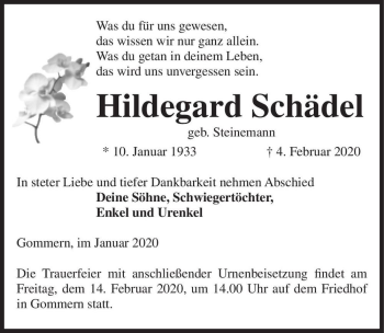 Traueranzeige von Hildegard Schädel (geb. Steinemann)  von Magdeburger Volksstimme