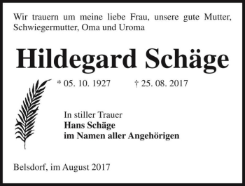 Traueranzeige von Hildegard Schäge  von Magdeburger Volksstimme