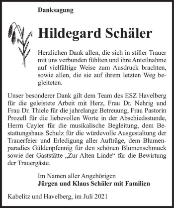 Traueranzeige von Hildegard Schäler  von Magdeburger Volksstimme