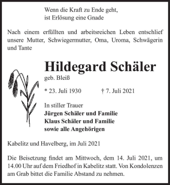 Traueranzeige von Hildegard Schäler (geb. Bleiß)  von Magdeburger Volksstimme