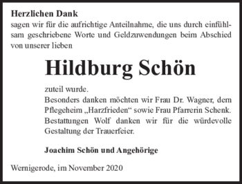 Traueranzeige von Hildegard Schön  von Magdeburger Volksstimme