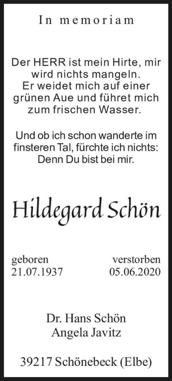 Traueranzeige von Hildegard Schön  von Magdeburger Volksstimme