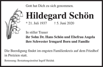 Traueranzeige von Hildegard Schön  von Magdeburger Volksstimme