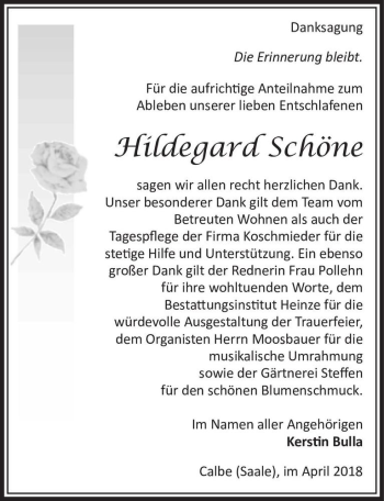 Traueranzeige von Hildegard Schöne  von Magdeburger Volksstimme