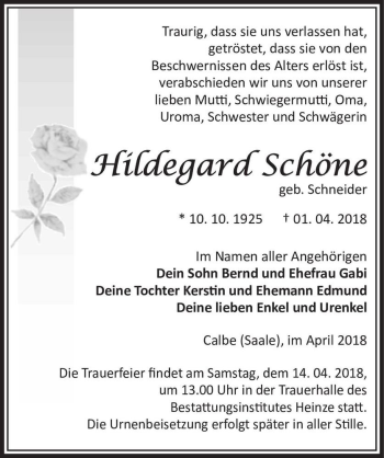Traueranzeige von Hildegard Schöne (geb. Schneider)  von Magdeburger Volksstimme