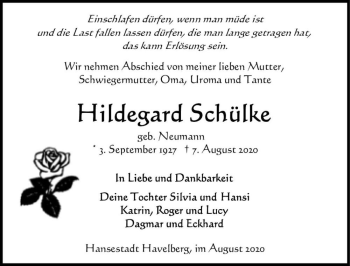 Traueranzeige von Hildegard Schülke (geb. Neumann)  von Magdeburger Volksstimme