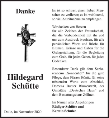 Traueranzeige von Hildegard Schütte  von Magdeburger Volksstimme