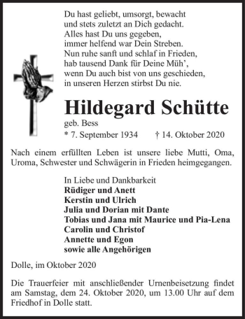 Traueranzeige von Hildegard Schütte (geb. Bess)  von Magdeburger Volksstimme