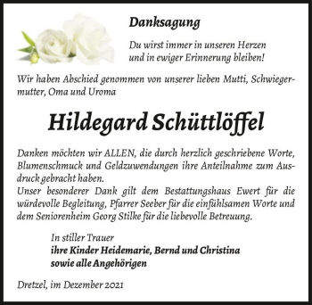 Traueranzeige von Hildegard Schüttlöffel  von Magdeburger Volksstimme