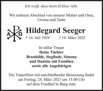 Traueranzeige von Hildegard Seeger  von Magdeburger Volksstimme