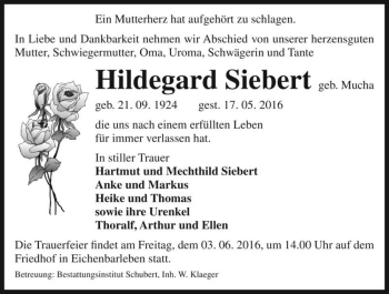 Traueranzeige von Hildegard Siebert (geb. Mucha)  von Magdeburger Volksstimme