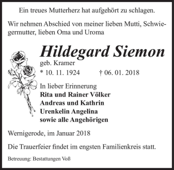 Traueranzeige von Hildegard Siemon (geb. Kramer)  von Magdeburger Volksstimme