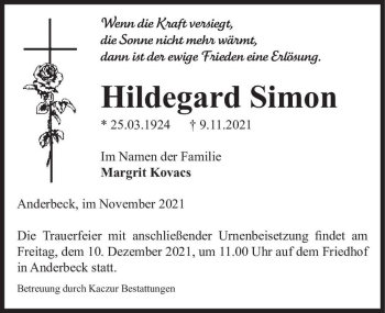 Traueranzeige von Hildegard Simon  von Magdeburger Volksstimme