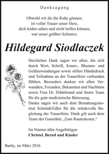 Traueranzeige von Hildegard Siodlaczek  von Magdeburger Volksstimme
