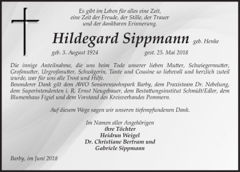 Traueranzeige von Hildegard Sippmann (geb. Henke)  von Magdeburger Volksstimme