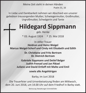 Traueranzeige von Hildegard Sippmann (geb. Henke)  von Magdeburger Volksstimme