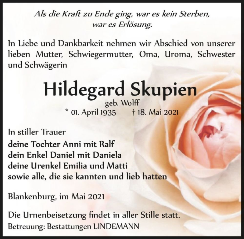  Traueranzeige für Hildegard Skupien (geb. Wolff)  vom 22.05.2021 aus Magdeburger Volksstimme